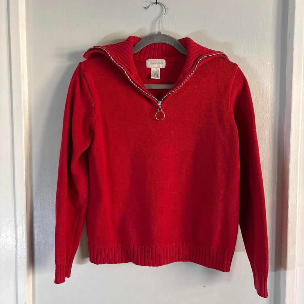 Vintage 90s Red Quarter Zip with Wide Collar and O Ring Zipper | Petite Medium